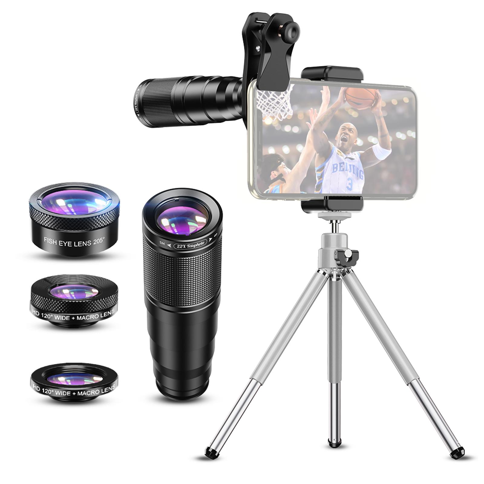 APEXEL APL-22X105-4IN1 Metall Telefon Kamera Objektiv 22X Teleobjektiv Fisheye Objektiv Weitwinkel Objektiv schwarz