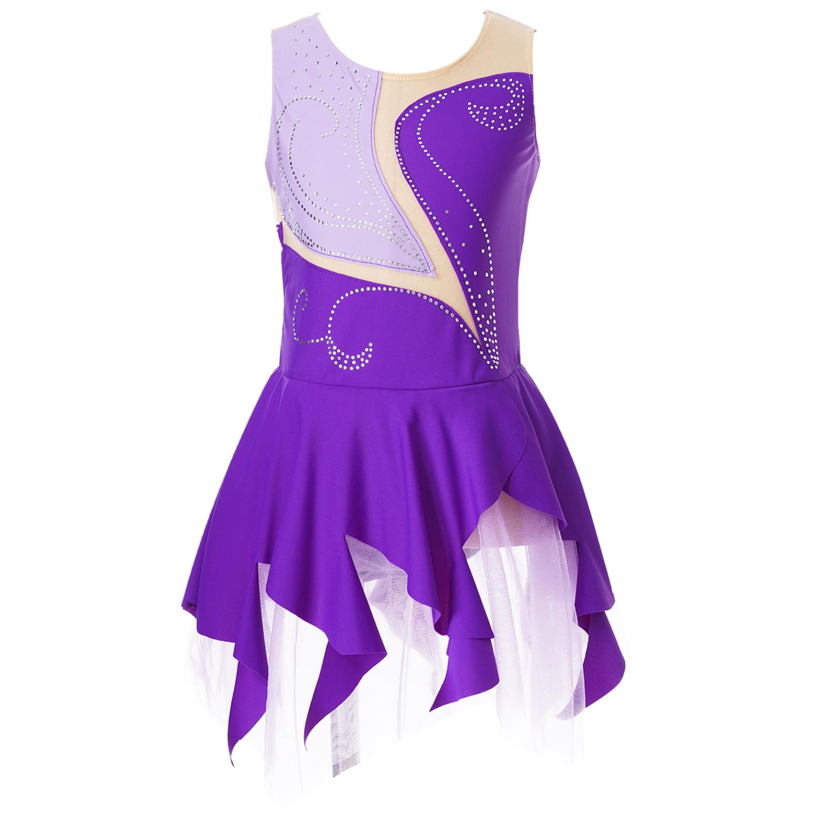 Eislaufen Kleid Mädchen Glänzend Strass Gymnastik Kostüm Ballett Tanz Trikot Kleid 13-14 Years violett