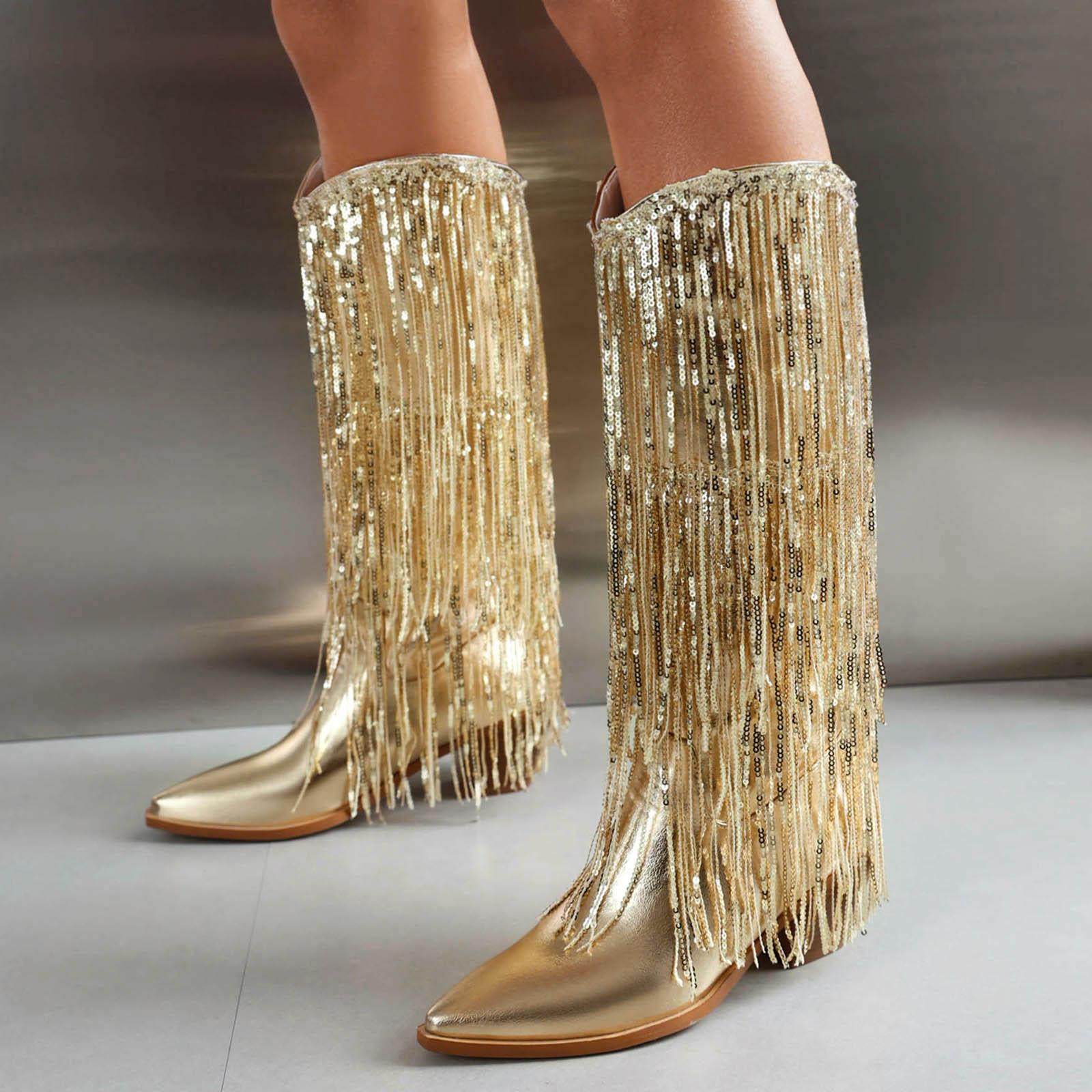 Stiefel mit weitem Schaft für Damen Über dem Knie Hohe Damen-Stiefel mit Strass-Fransen Funkelnde Western-Cowboy-Stiefel Zapatos De Mujer 41 gold