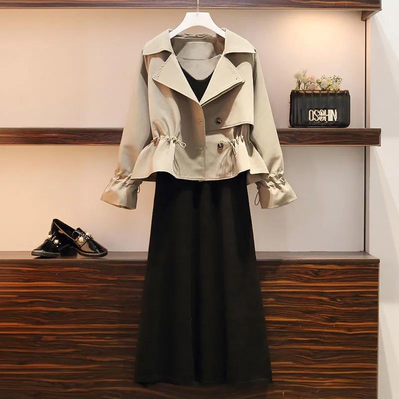 Anzug Kurze Jacke Windjacke Damen Jacke Übergröße Damen Fat Slim Weste Rock Zweiteiliger Anzug Frühling und Herbst 3XL khaki