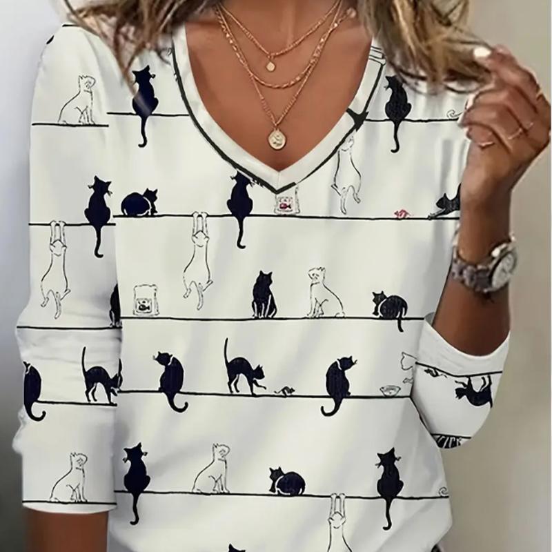 Süße Katze Print Frauen T-Shirts Damen Tops Langarm V-Ausschnitt Pullover Femme T-Shirts T-Shirt für Frauen XS weiß