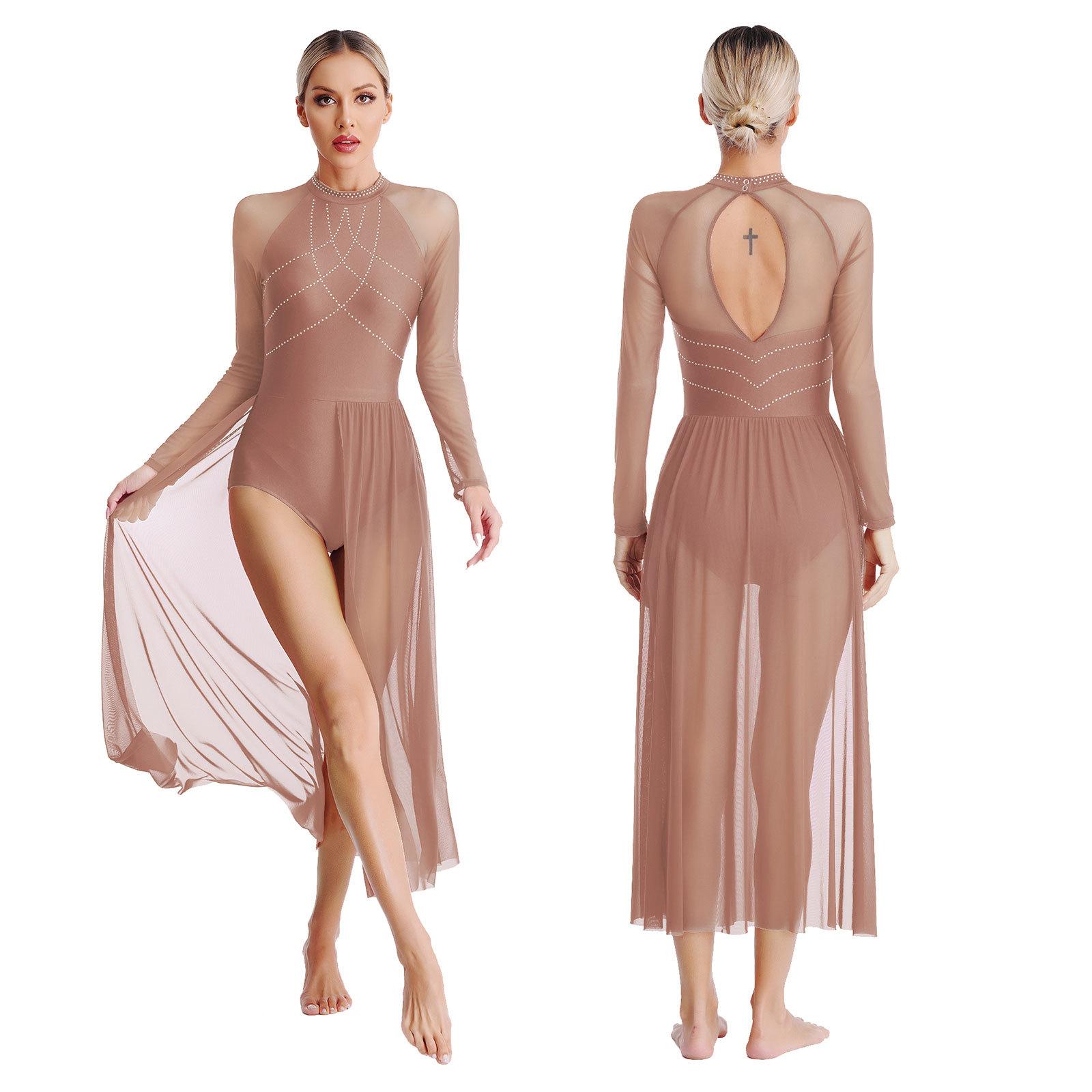 Damen Modernes Lyrisches Tanzkleid Strass Gymnastiktrikot Schlitz Maxi Kleider Langarm Ballett Bühnenauftritt Tanzbekleidung staubsturm
