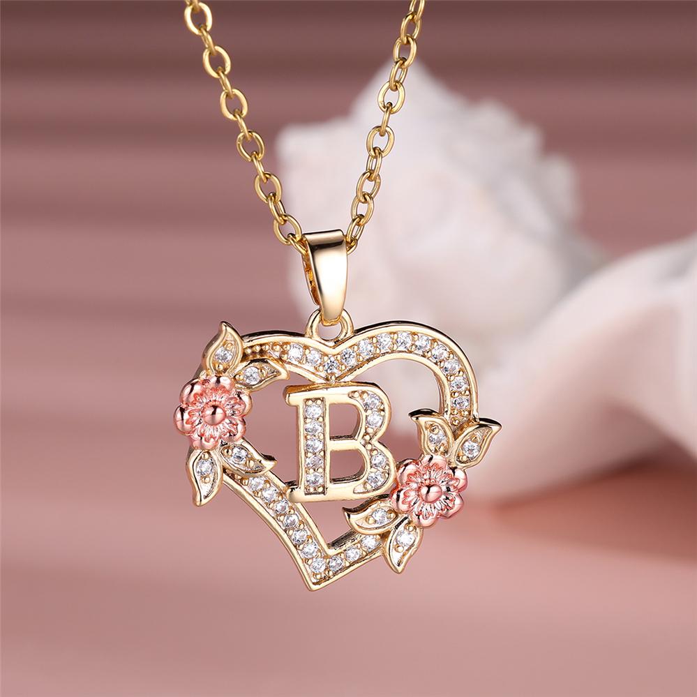 Halskette mit Herz-Anhänger, Anfangsbuchstabe AZ für Frauen, eleganter Zirkonia, Roségold, Blumen-Alphabet-Herz-Anhänger, Kette, Halsband, Schmuck, Geschenk B gold/rose gold