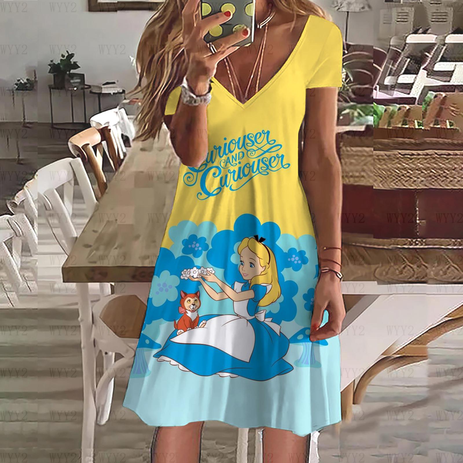 Sommerkleid für Damen, neues Disney-Prinzessinnen-Alice-im-Wunderland-Print, V-Ausschnitt, kurzärmeliges Kleid, Damenkleidung, lässiger Streetstyle 6XL