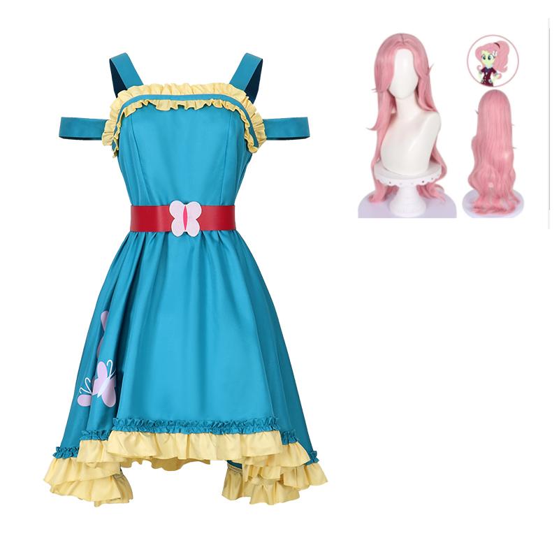 Anime Fluttershy Menschliche Cosplay Kostüme, Kleid und Perücke Rollenspiel Uniform, Halloween Karneval Party Outfit für Frauen XL schwarz