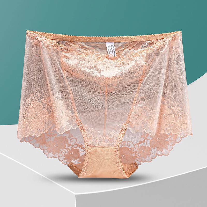 Hohe Taille Spitzenhöschen Frauen Hosen Sexy Hohl Blumen Dessous Weibliche Mesh Atmungsaktive Slips Dessous L beige