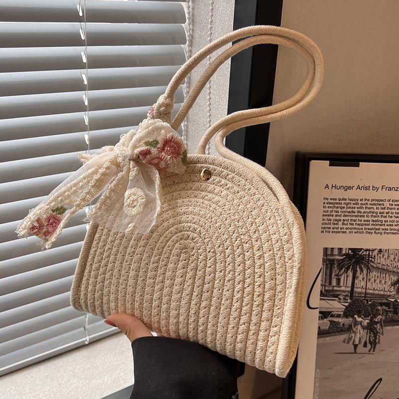 Französische Nische Gewebte Tasche für Damen Neue Mode Ein-Schulter-Tasche für Damen Ins Mode Baumwollseil Handtasche black