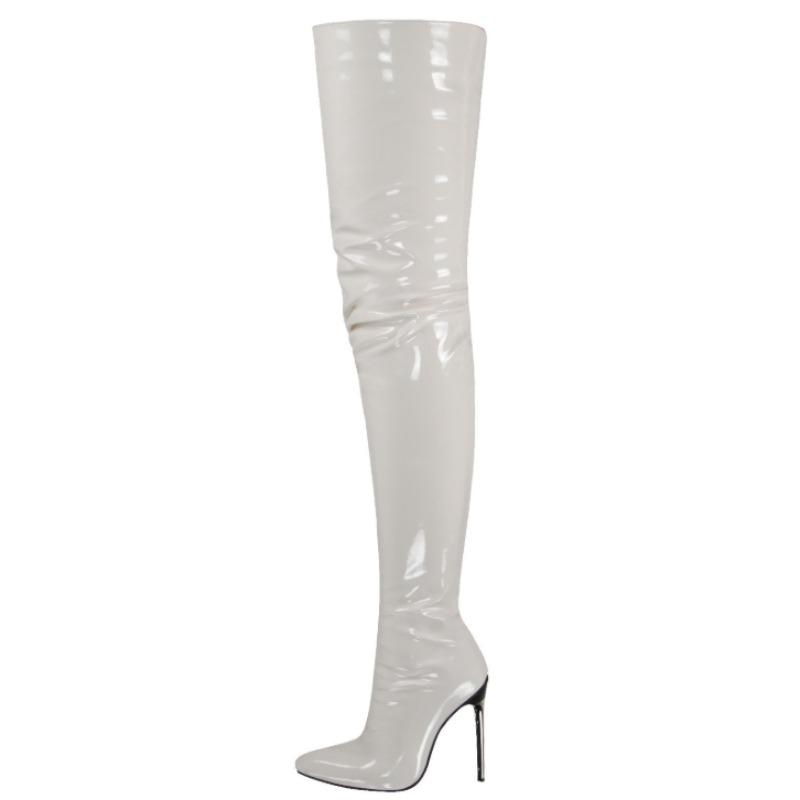 Mode Neu Sexy Mode Lackleder Damen Overknee Stiefel Schwarz Weiß Lange Stiefel Damen Spitzschuh Klassische High Heels Schuhe Groß 41 weiß
