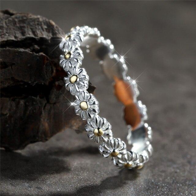 Vintage Gold Farbe Kleine Gänseblümchen Ring Weibliche zierliche Blume Ring Echt 925 Sterling Silber Verlobungsringe Für Frauen Braut Schmuck 8 silber