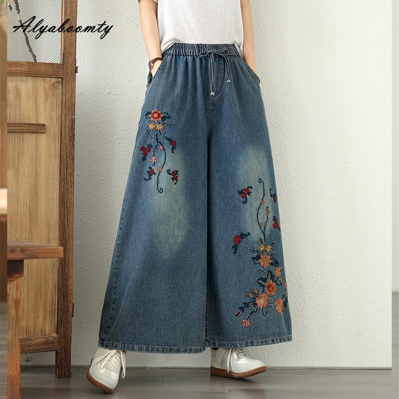 Ethnischer Stil Frühling Sommer Damen Übergröße Jeans Hohe Taille Zarte Blumenstickerei Baggy Denimhosen Übergroße Retro Damenjeans XXL blau