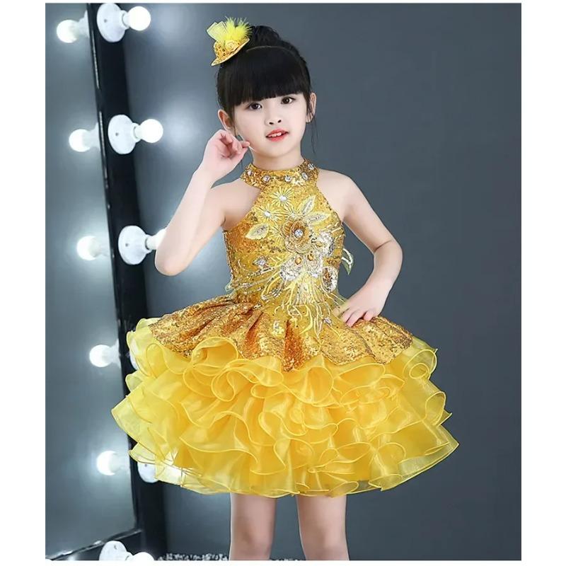 Sommerbühne Prinzessin Mädchen Freizeitkleider Pailletten Tüll Kinderkostüm Robe Fille Party Babykleidung Tanz Kinderkleid Vestidos 110cm