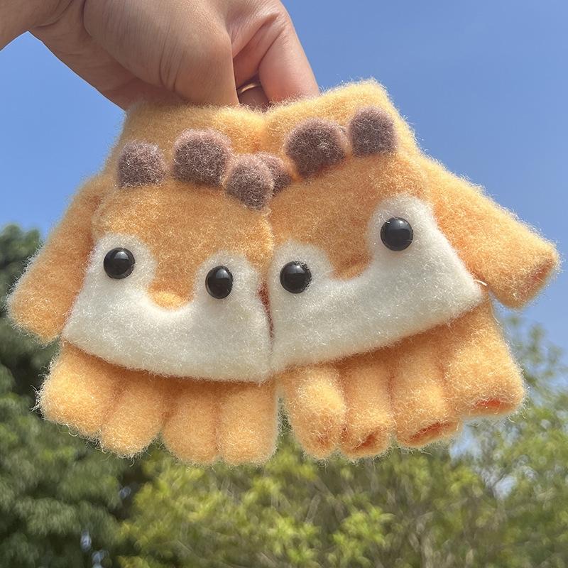 Kinder Fünf-Finger-Handschuhe Winter Junge Verdickte Halbfinger-Fäustlinge Mädchen Kind Gestrickte Fäustlinge Cartoon Warm Flip-Handschuhe Flip-Off Praktische Handschuhe gelb