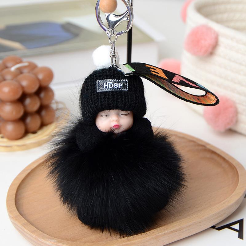 Neue Mode Nette Frauen Tasche Anhänger Plüsch Anhänger Schlaf Puppe Auto Schlüsselbund Anhänger Weihnachten Geschenk schwarz
