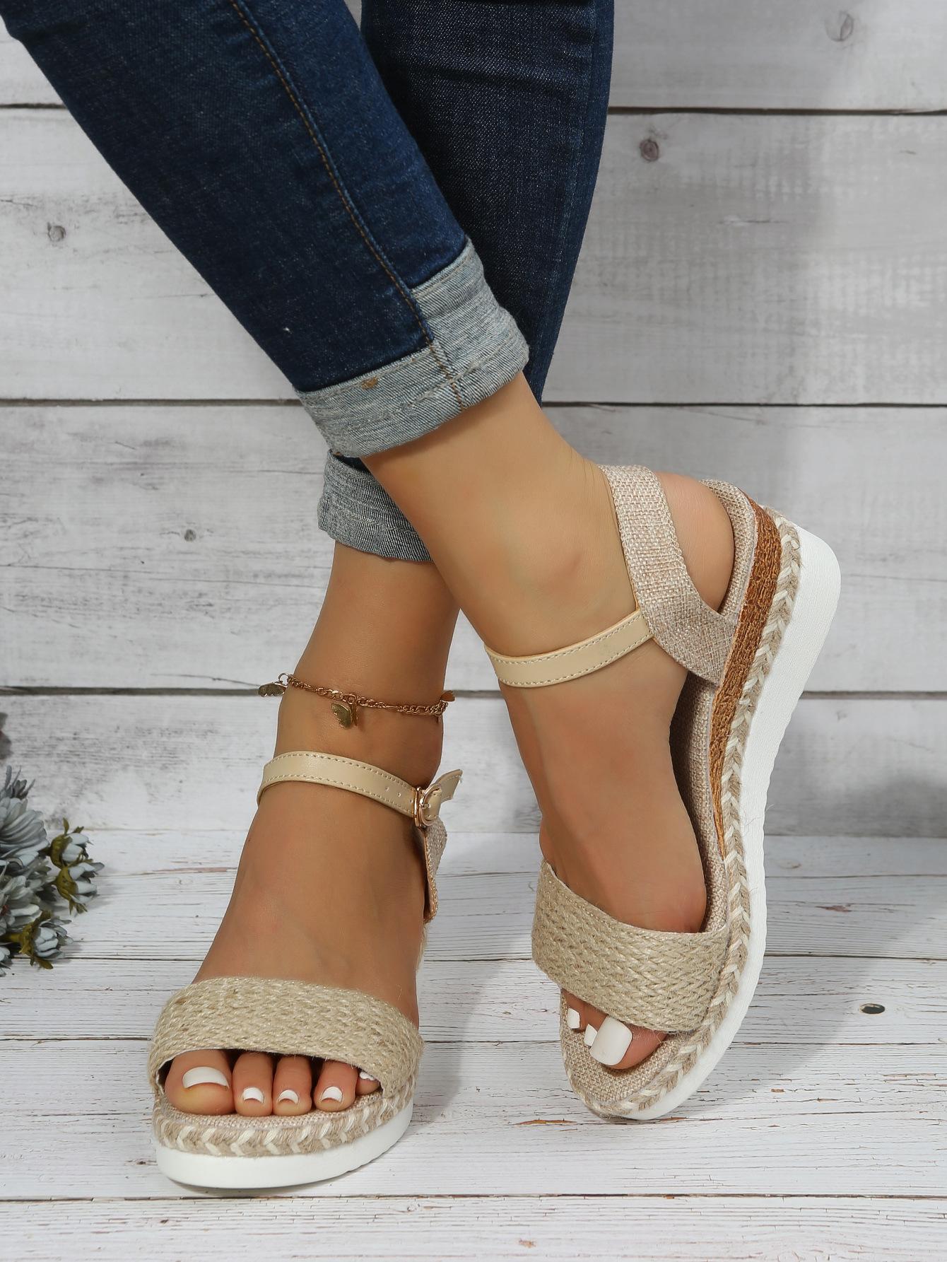 Frühling und Sommer Hanfseil unten dicke Sohle Sandalen Schnalle Hanf flache Sohle Damensandalen 38 beige
