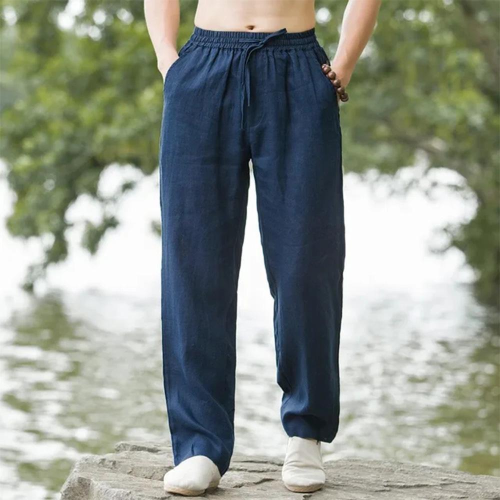 Herrenhose aus Baumwollleinen, Hawaii-Urlaub, Strandhose, atmungsaktiv, Streetwear, Freizeithose, lockere Herrenhose XXXL dunkelblau