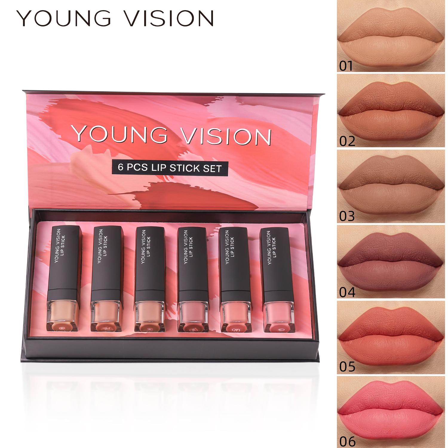 6 Stück / Set YOUNGS VISION mattes Lippenstift-Geschenkbox-Set nicht an der Tasse haftender Lippenstift samtiger feuchtigkeitsspendender Lippenstift pink