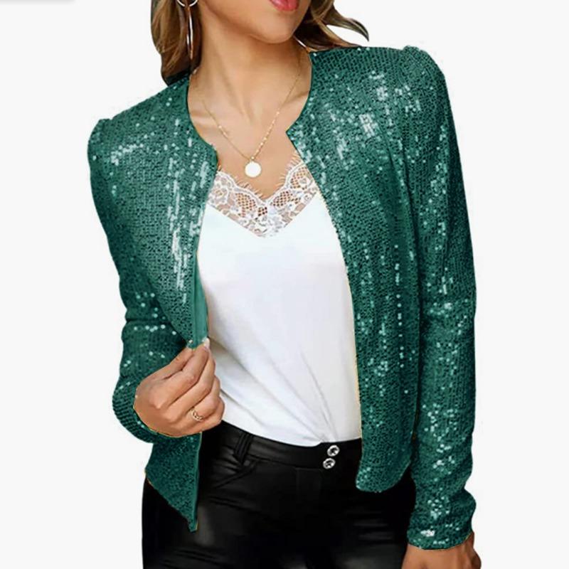 Mode Stehkragen Kontrast Pailletten Mantel Frauen Kleidung Frühling Und Herbst Langarm Jacke Casual Zipper Kurzen Mantel 29445 XXL grün