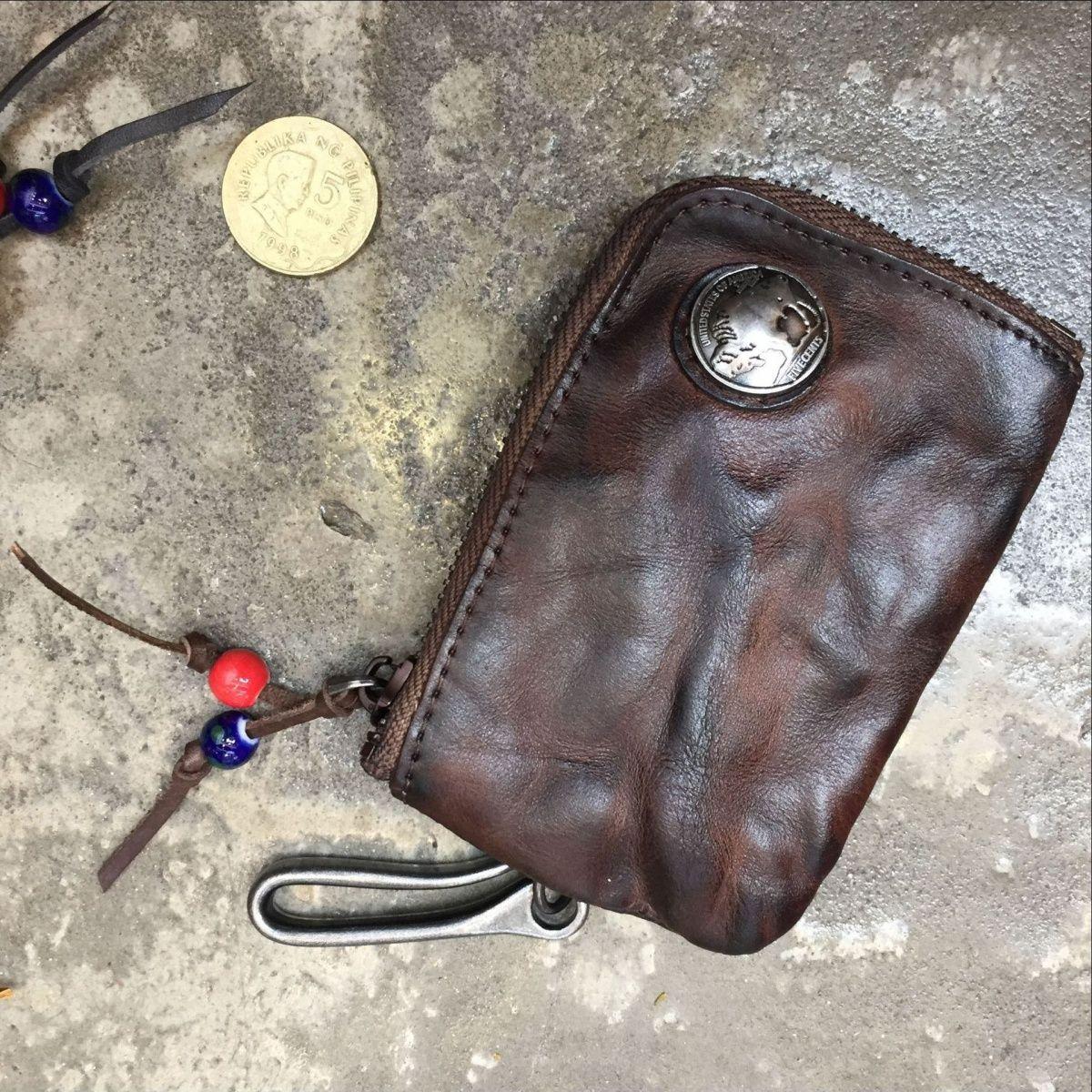 Schlüsseltasche aus Leder, Mini-Mittelalter-Tasche, Schlüsselanhänger, Münz-Organizer, Wechselgeldhalter, echtes Leder, Reißverschluss, Schlüsselanhänger-Tasche für Männer und Frauen braun