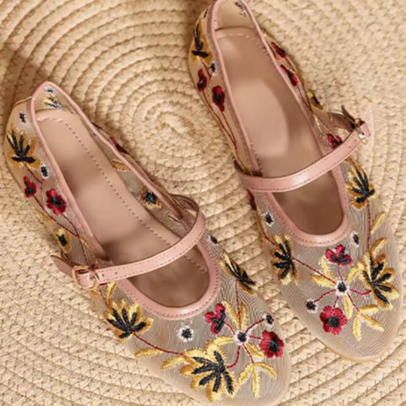 Florale Stickerei Mesh Mary Janes Schuhe Damen Transparent Elegant Ballerinas Schuhe Damen Lässige Sommer Atmungsaktive Slipper Schuhe 35 beige