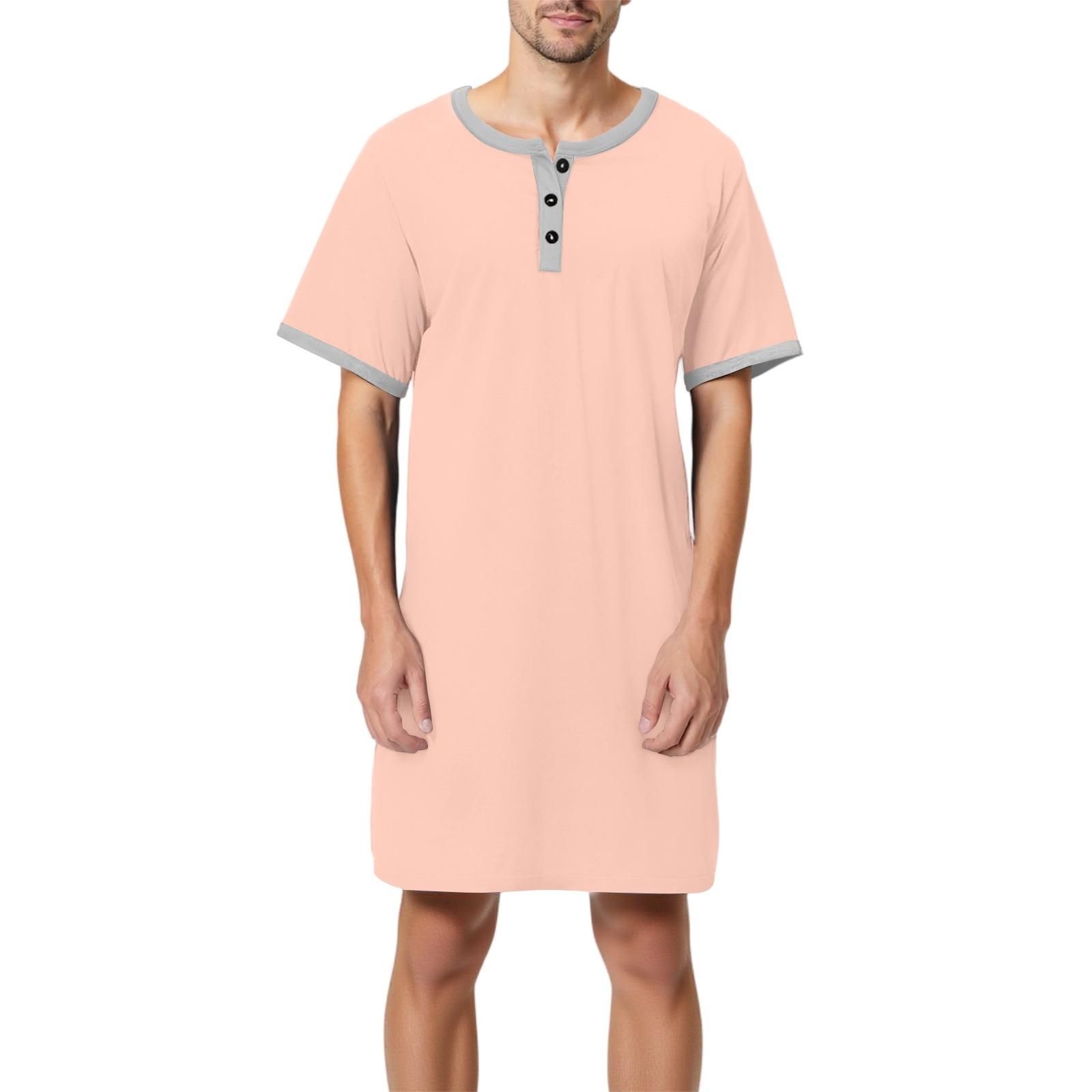 Herren Einfarbig Baumwolle Kurzarm Pyjama Button-Down Kragen Lange Lockere Pyjama Hauskleidung M rosa