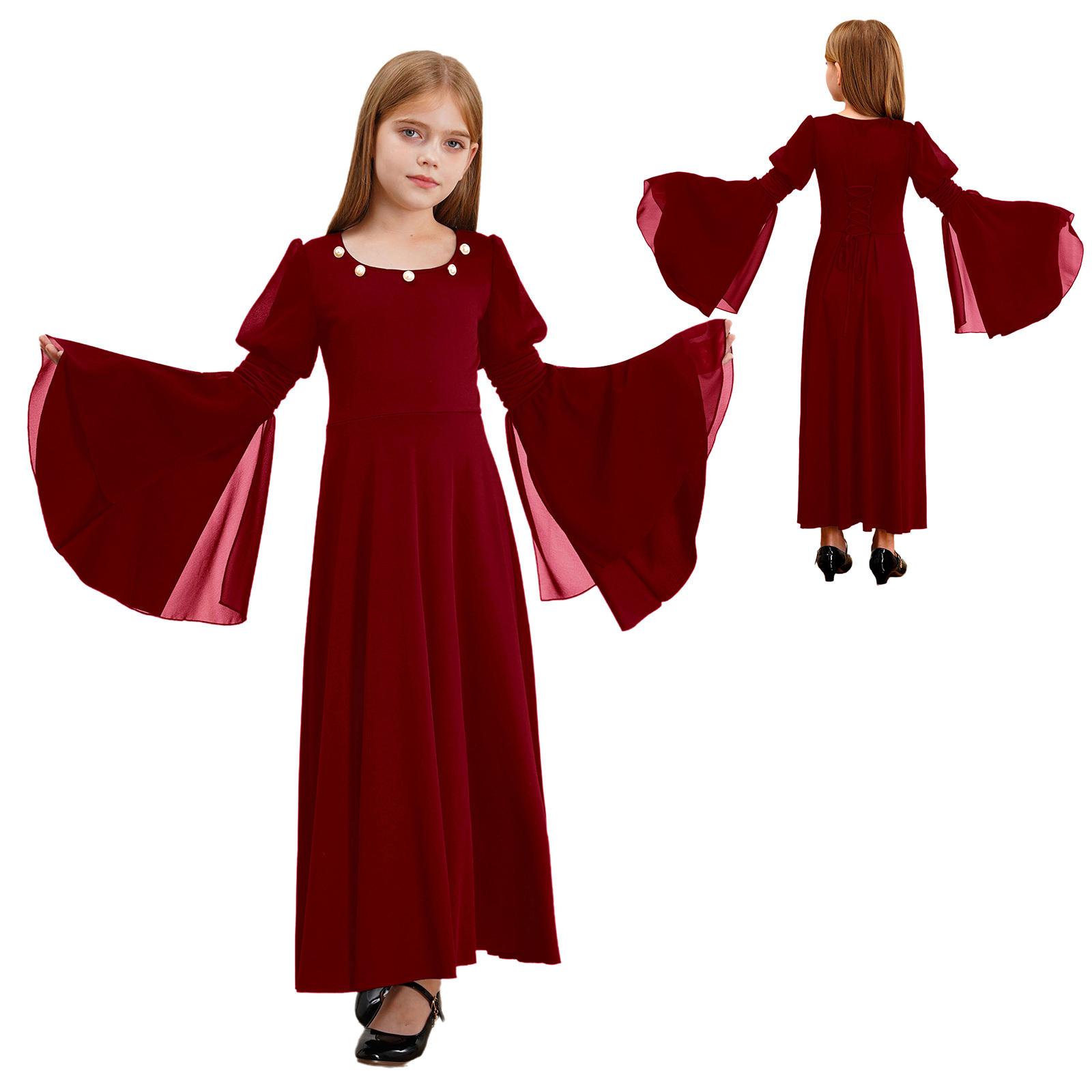 Kinder Halloween Kostüm Fee Kostüm Gothic Prinzessin Langes Kleid Mädchen Renaissance Kleid Mittelalter Kostüm Abendkleid Retro Fee Kleid Vintage 7-8 Years bordeaux