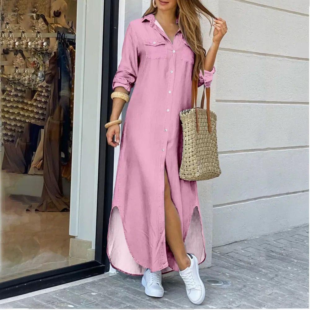 Frühling und Sommer Langes Hemd Mode Langarm Candy Farbe Revers Hemd Kleid XXXL rosa