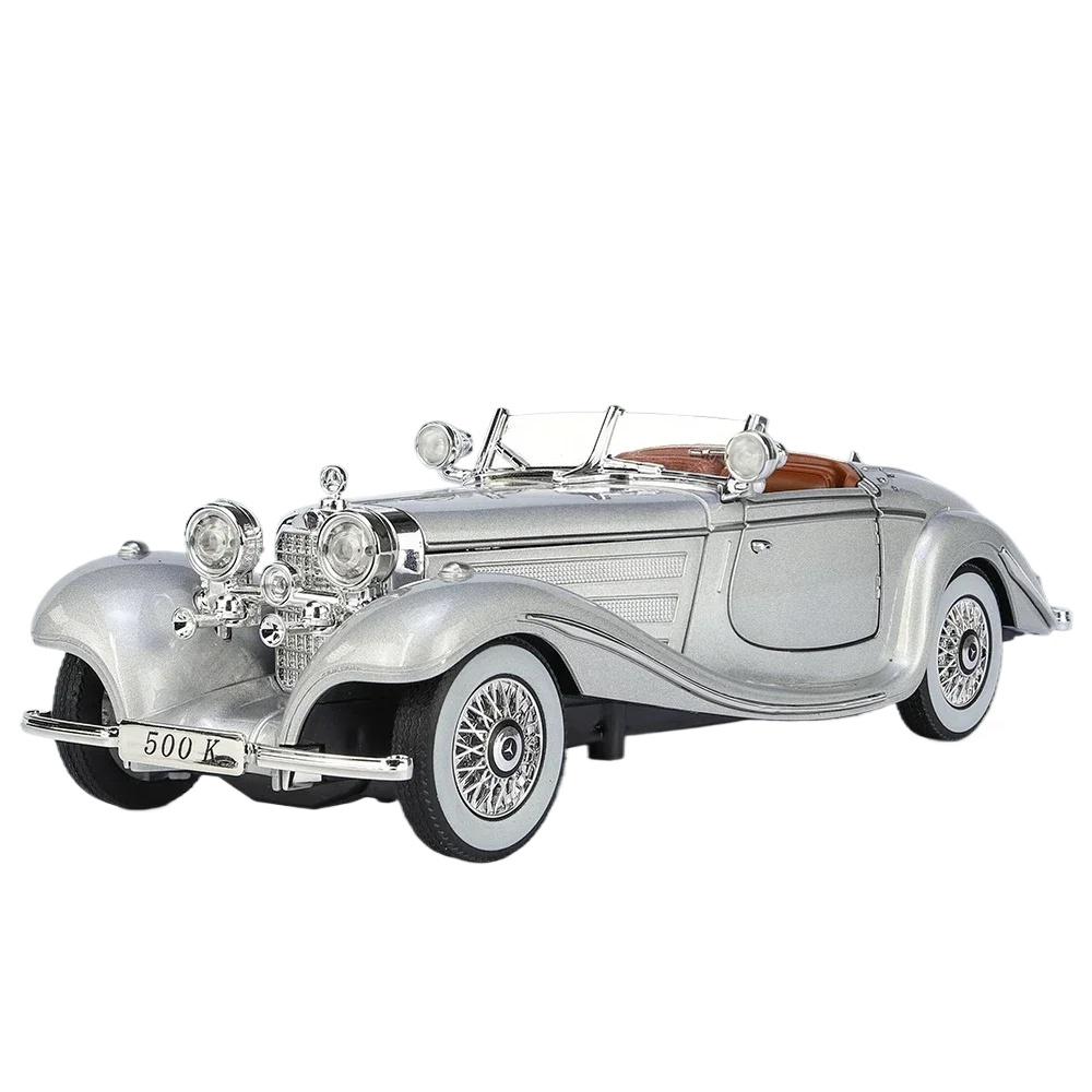 1/24 Mercedes-Benz 500K Oldtimer-Modellauto, Legierung, Druckguss, Metallguss, Sound- und Lichtauto, Spielzeug für Kinder silber