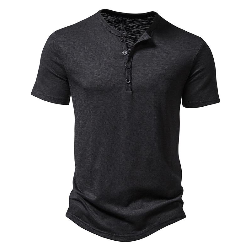 Henley-Kragen Sommer Herren Casual Einfarbig Kurzarm T-Shirt für Männer Polo Herren Baumwolle Herren T-Shirts US M(60-70KG) schwarz