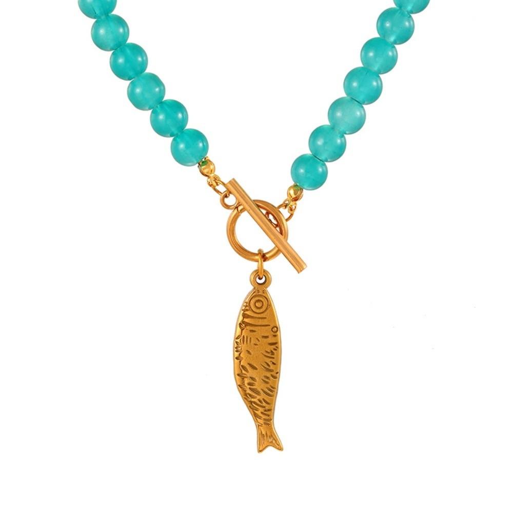 Geschenk Elegante Titanstahl Halskette OT-Schließe Kleine Größe Fisch Halskette Layering Minimalistisch Glasperlen Halskette Freizeitkleidung blau