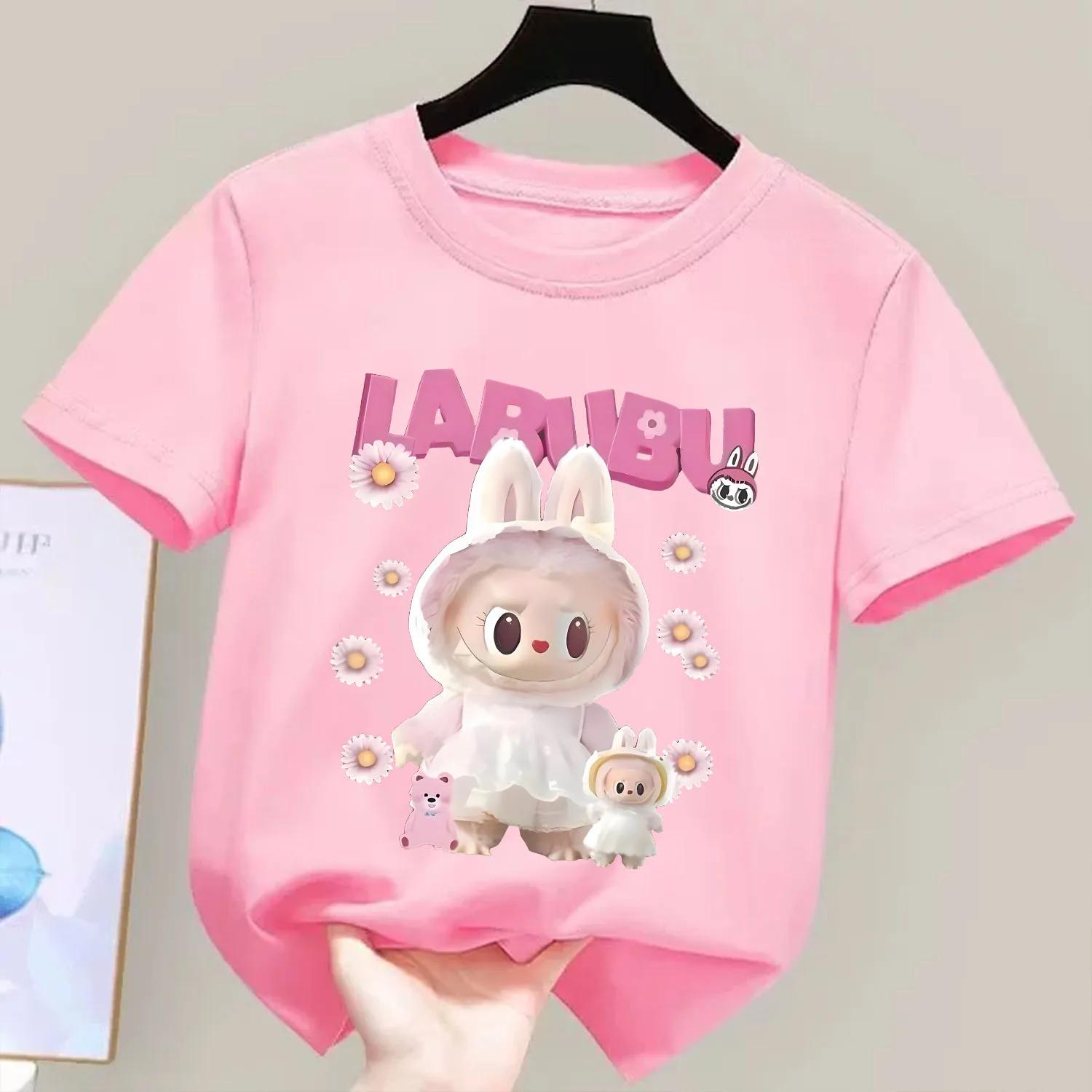 2025 Heißes Labubu Cartoon Rundhals T-Shirt Top Neu Jungen Mädchen Kleidung Niedlich Kurzarm Kinder Rosa Kleidung Geschenk 130