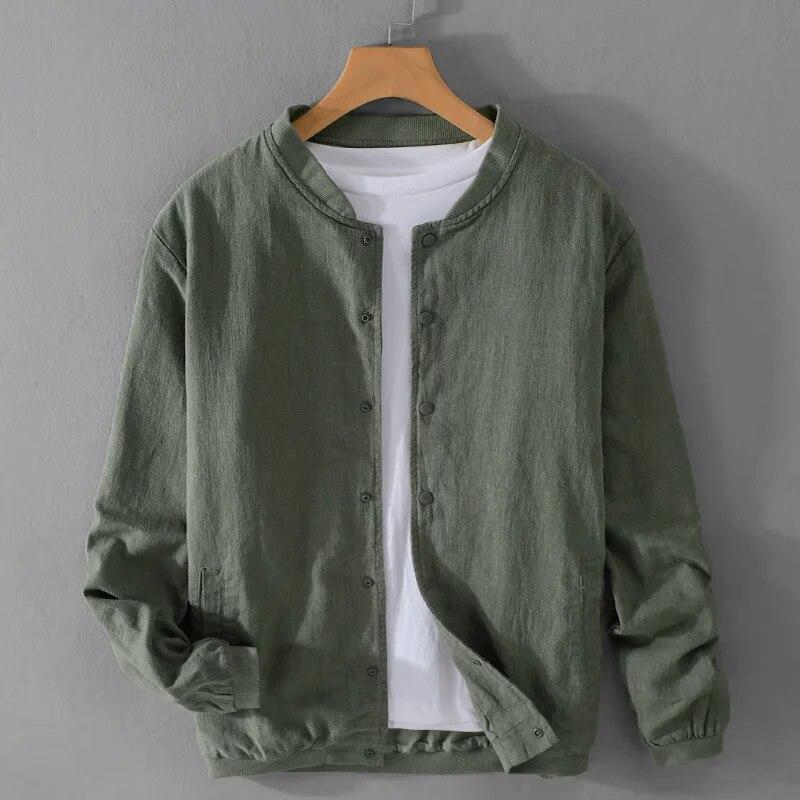 Baumwoll-Leinen-Jacken für Herren im Retro-Stil, Herrenbekleidung, Frühlingssport, Baseballbekleidung, Freizeitjacke, einfarbig, Stehkragen, Knopfjacke M grün
