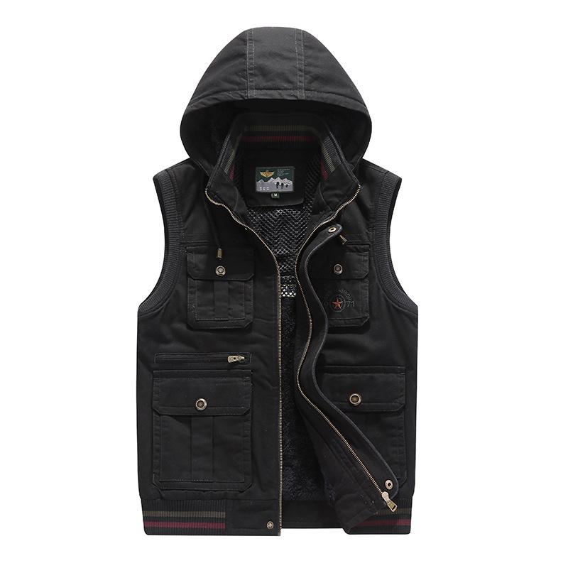 Herbst Winter Weste Herren Dick Warm Weste Herren Kapuze Mehrere Taschen Militär Ärmellose Jacke Für Herren M-8XL M schwarz