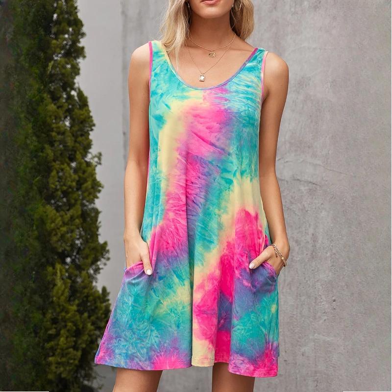 GMXIA Sommer Damen Ärmellos O-Ausschnitt Kurzarm Tasche Batik Print Weste Kleider S rose rot