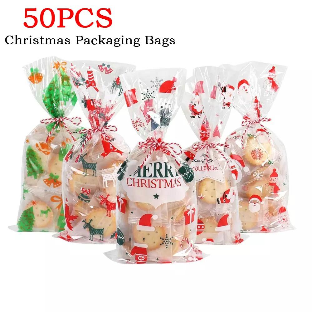 50 Stück Weihnachtsmann-Weihnachtsbaum-Elch-PVC-Beutel, transparente, klare Geschenktüte für Weihnachtsgeschenk, Backen, Süßigkeiten, Kekse, Verpackungsbeutel C