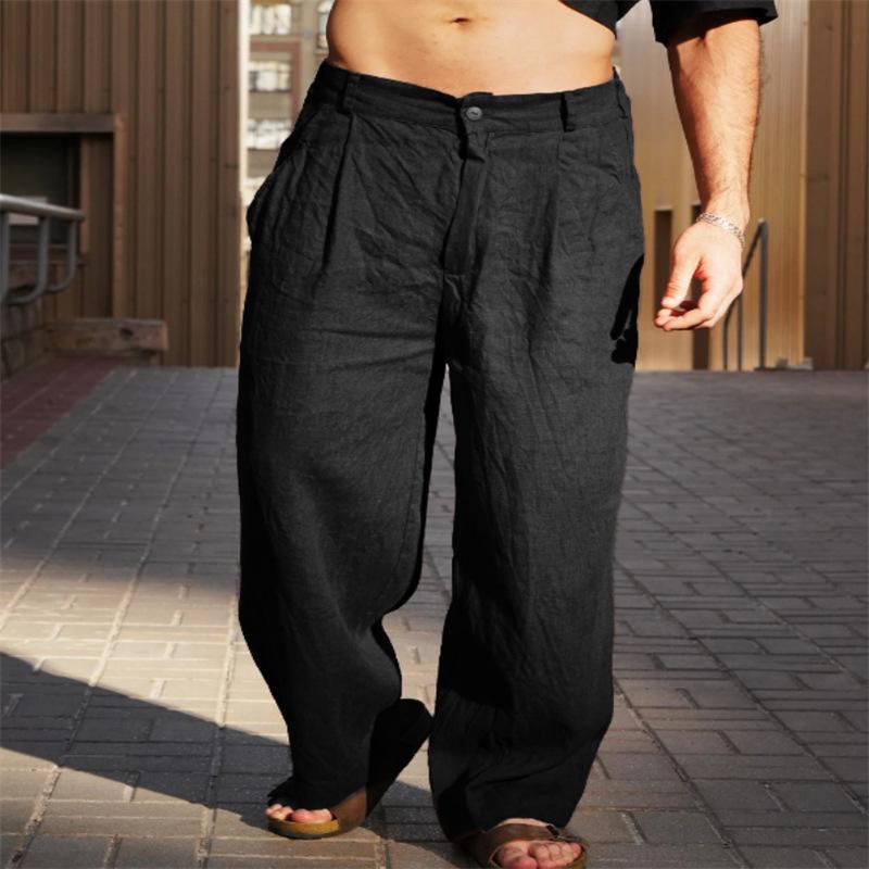 Herren Leinen Falten Weite Hosen für Frühling und Sommer mit Mittelhohem Bund Atmungsaktive Jogginghosen Streetwear Herren L schwarz