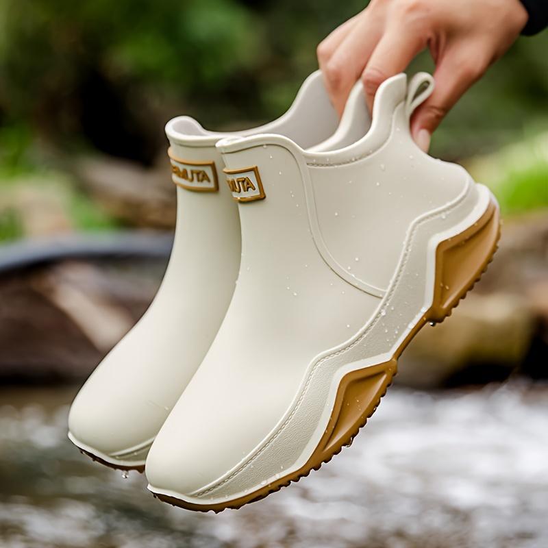 Rutschfeste, einfarbige, flache Regenstiefel für Damen, wasserdichte Slip-On-Gummischuhe, Outdoor-Arbeitsschuhe 43 beige