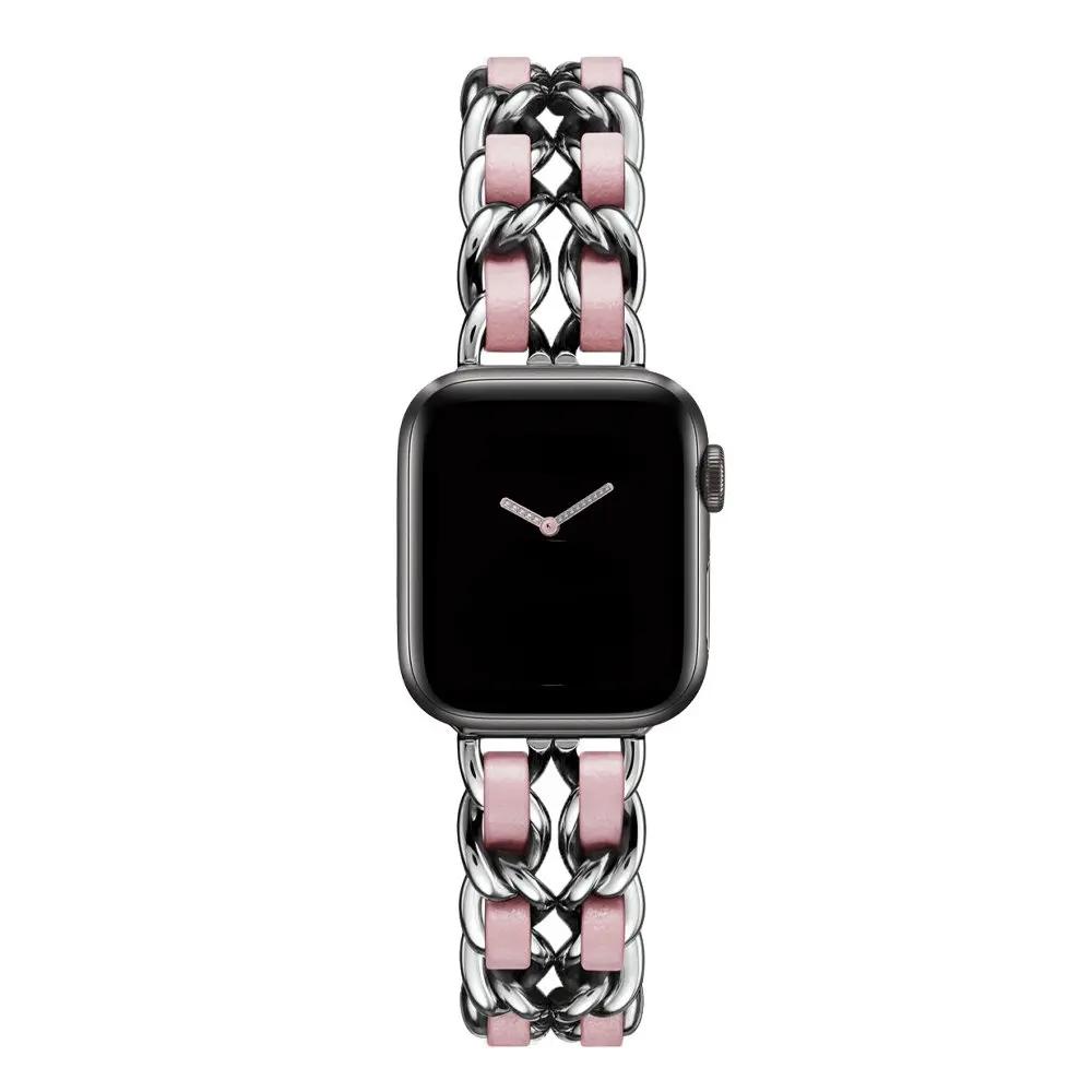 Damen Gold Armband für Apple Watch Band 11 10 46mm 9 8 Ultra 3 49mm SE 6 41 45mm 38/42mm 44 40mm Armband Metall Leder Armband Series 11 10 42mm rosa silber