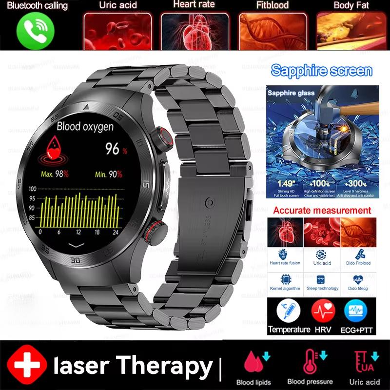 2025 Neue Nicht-Invasive Laserbehandlung Drei Hoch Smartwatch Saphirglas Blutfett Harnsäure EKG Gesundheitsdiagnose Smartwatch Black Steel