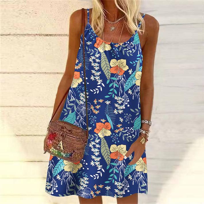 Frauen Blume Schwarz Pflanzen Gedruckt Mini Kleid Ärmelloses Party Kleid Sommer Strand Kleid Sommerkleid M navy blau