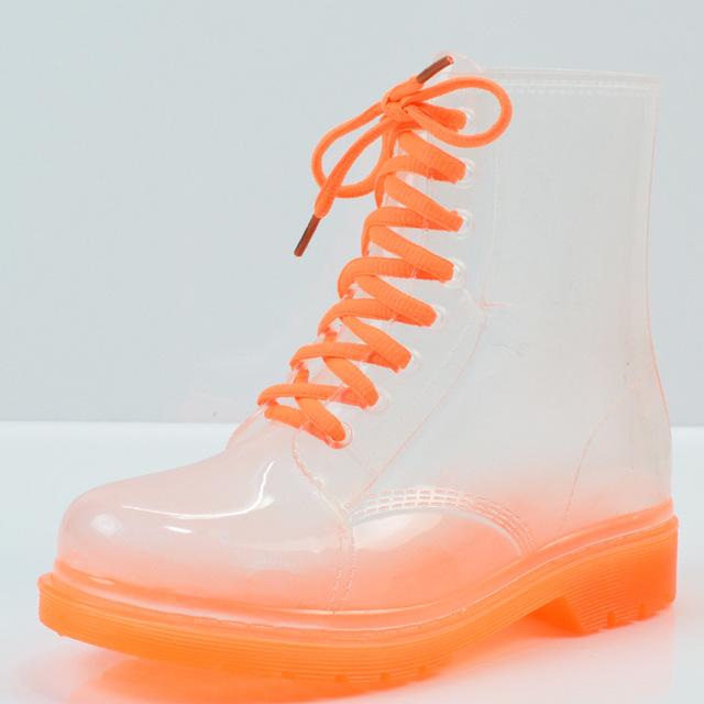 Mode Knöchel Regenstiefel Plateau Schnürung Transparente wasserdichte Regenschuhe Motorrad Bonbonfarben Regenstiefel Mode Damenschuhe 36 orange