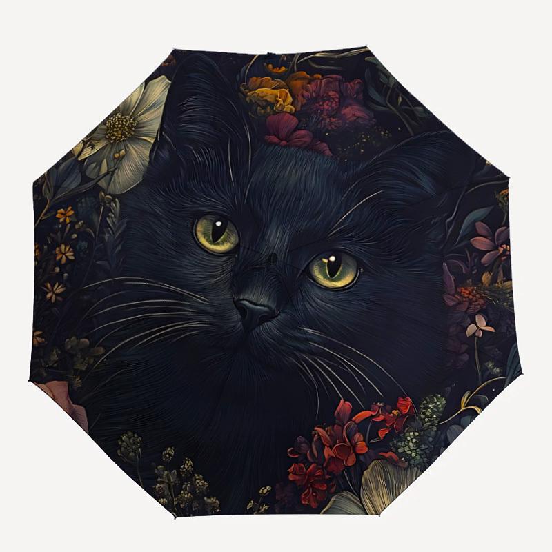1 Stück Schwarze Katze Blumenmuster Automatischer Öffnungs-/Schließ-Faltregenschirm, Kompakter Tragbarer Reise-Regenschirm, Perfekt für Geburtstag/Weihnachten, Niedlicher Regenschirm