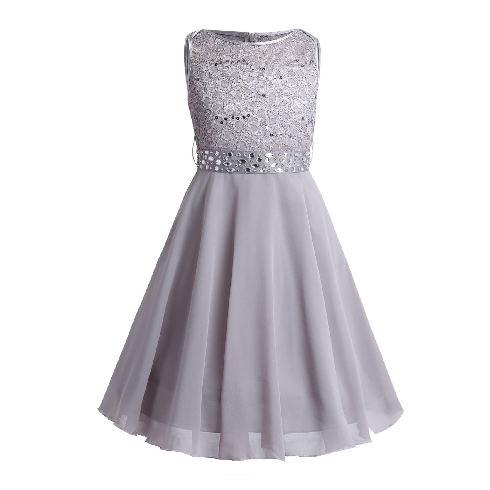 Kinder Mädchen glitzernde Pailletten Spitze Blumenmädchen Brautjungfer Hochzeit Party Kleider ärmellos Chiffon Prinzessin Festzug Ballkleid 7-8 Years graue
