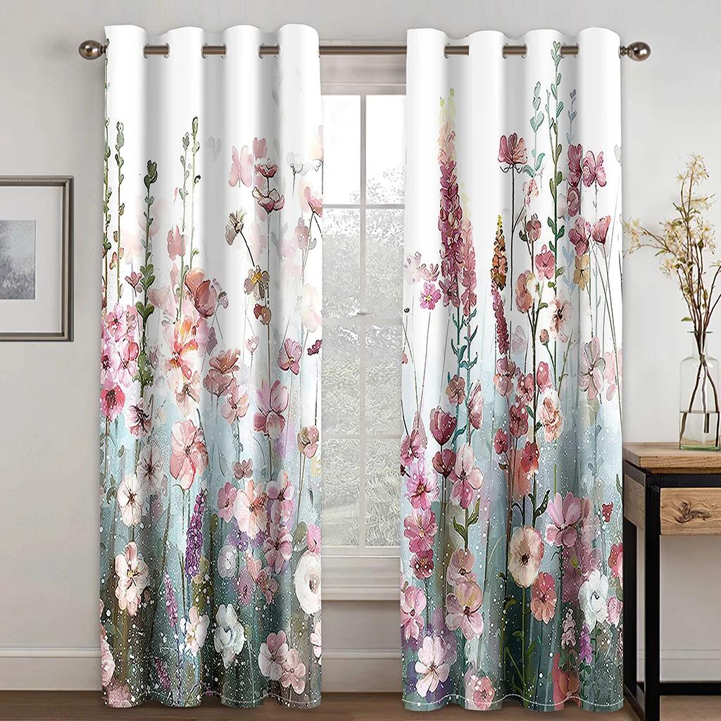 Charmante Vorhänge mit Blumenmuster Schmetterlings-Blumenmuster-Vorhänge für Schlafzimmer Wohnzimmer Küchenfenster Vorhänge Ösenoberseite cortin 2x50W100H(CM)&Grommet Top
