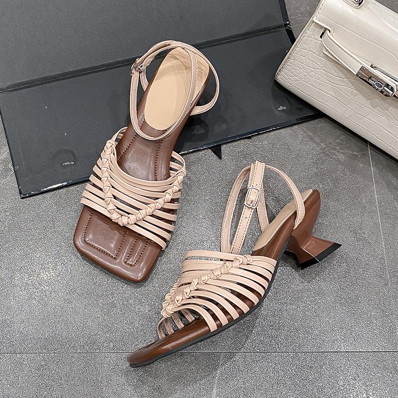 Mode 2025 Braune Sandalen Damen Sommer Neue Mode Damen Sandalen Zehenfrei Pumps Damen Schuhe Kleid Weichsohliger Absatz Hohe Schuhe 38 braun