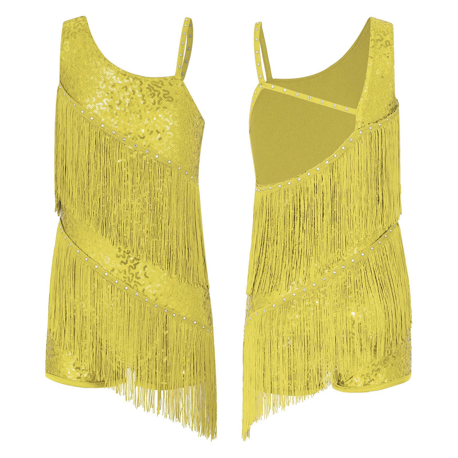 Kinder Tanzen Wettbewerb Party Tragen Mädchen Pailletten Ballsaal Kostüme Quaste Latin Jazz Dance Performance Kleid 9-10 Years gold
