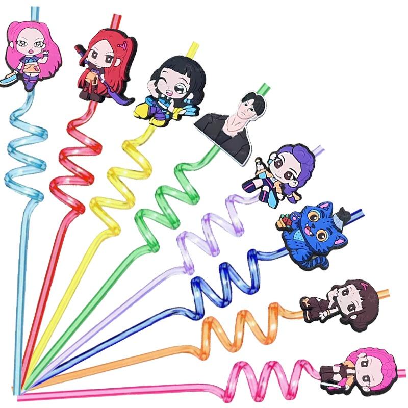 Kpop Dämonenjäger Stroh Geburtstag Dekoration Cartoon Figur Plastikstrohhalme Partygeschenke Wiederverwendbare Strohhalme Alles Gute zum Geburtstag Kindergeschenke 160pieces