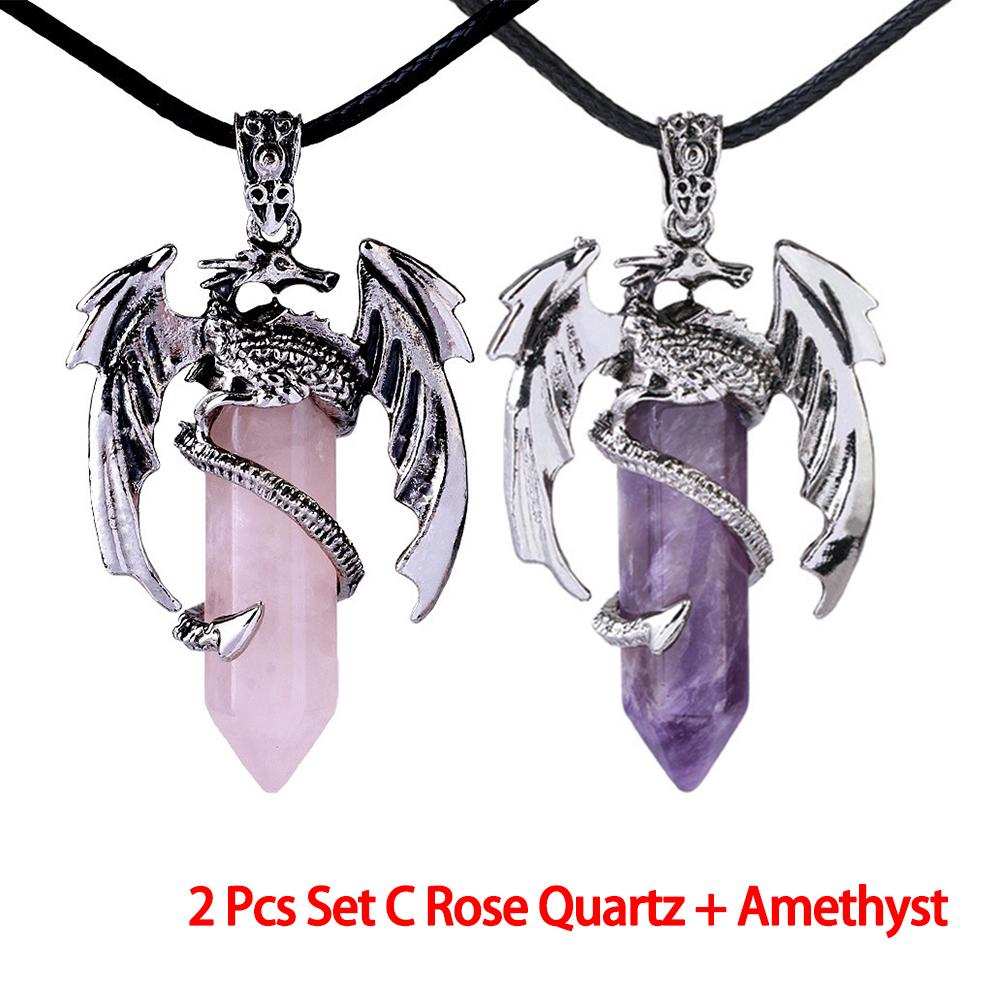 Drachen-Anhänger-Halskette für Männer und Frauen, coole Heilkristall-Amethyst-Halskette, natürliche Rosenquarz-Halskette, westlicher Drachen-Schmuck Rose Quartz+Amethyst