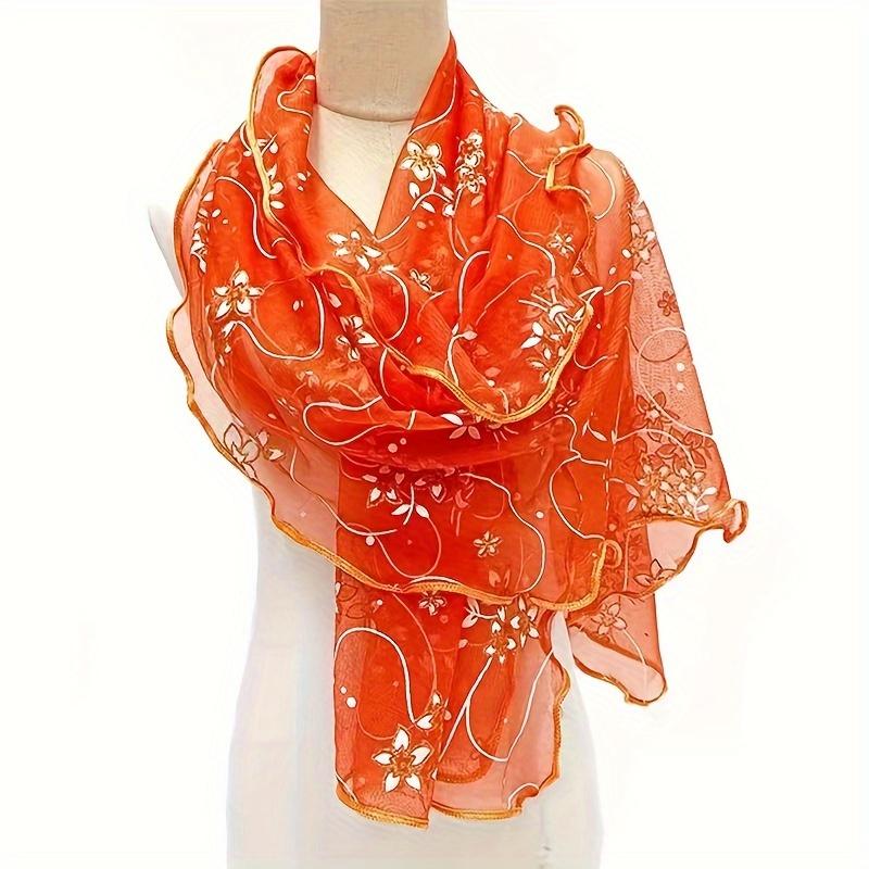 Schal mit Rüschen und Blumenstickerei, elegant, einfarbig, atmungsaktiv, Schal für Damen, Kopftuch, winddicht, Hijab, Turban, Reise-/Strandtuch orange