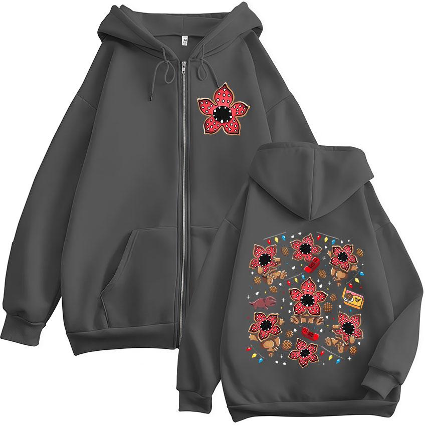 Eddie Munson Der Demogorgon Niedliche Kannibalenblume Reißverschluss Hoodies Herren Damen Kleidung Mode Kapuzenpullover mit Reißverschluss Jacken 4XL dunkelgraue