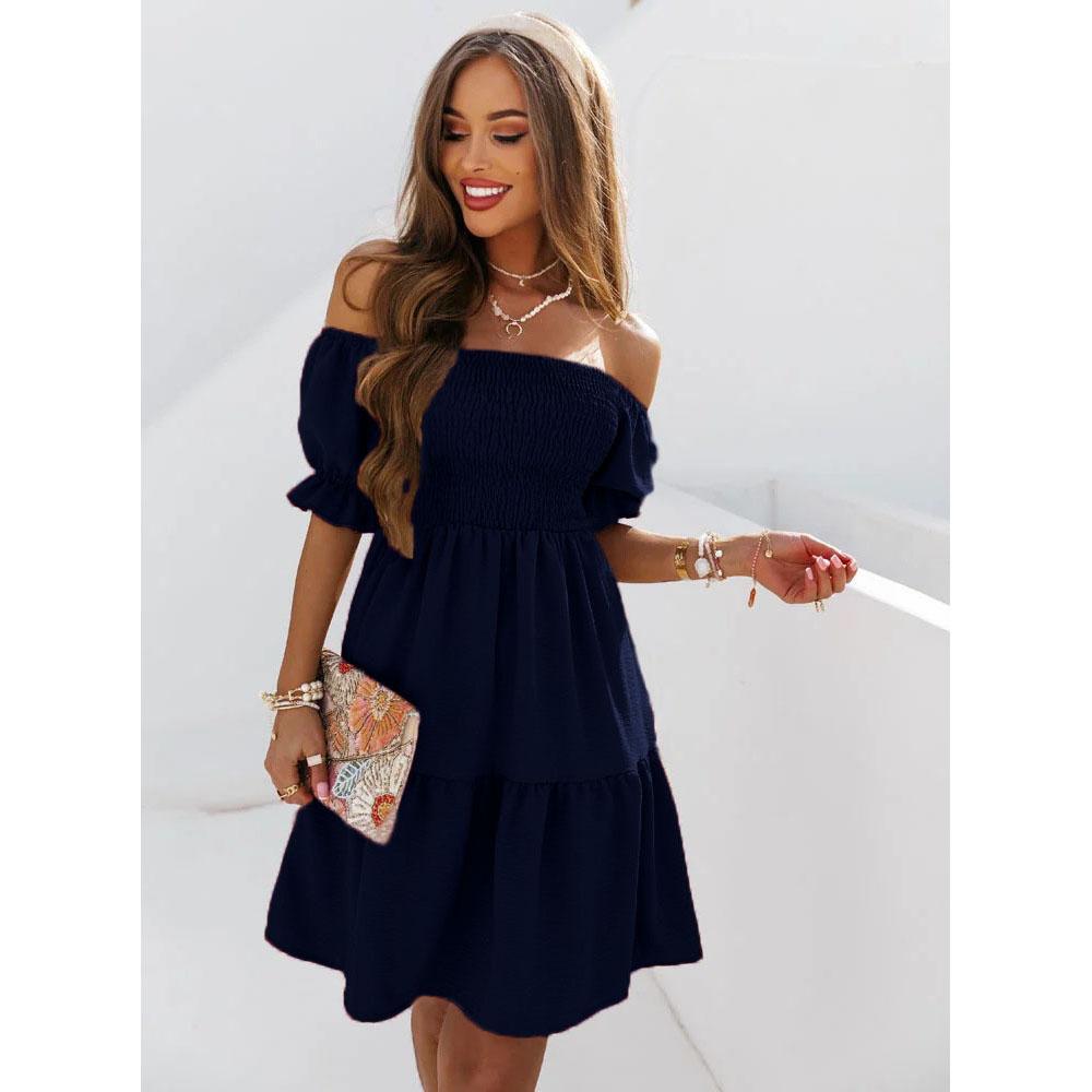 Kleider für Frauen Übergröße Sommerkleider für Frauen Midi Schulterfrei Puffärmel Kleid M navy blau